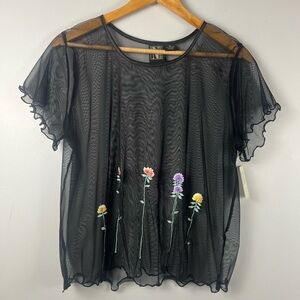 90s Deadstock Nash sheer mesh floral embroidered top size medium